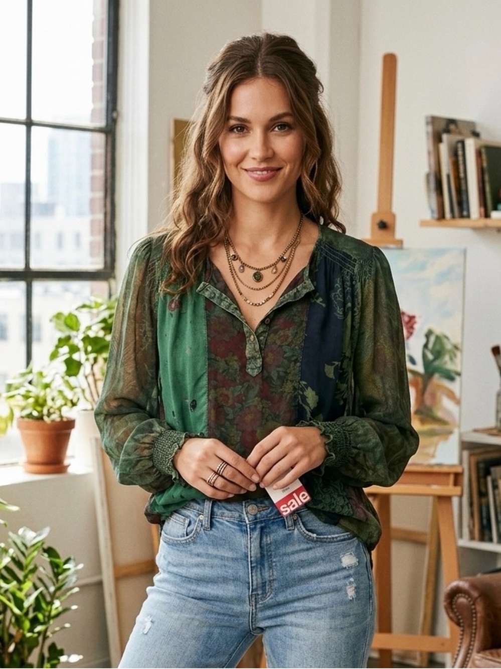 NWT Young Threads Boho Patchwork Floral Green Blouse Small